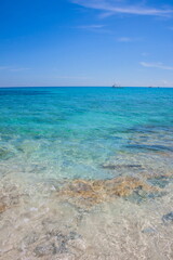 Caribbean beach with a lot of palms and white sand, Dominican Republic. Yachts float in the sea in the background
