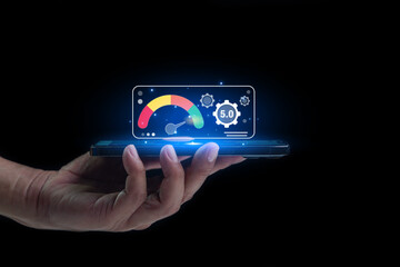 businessman review satisfaction feedback survey concept, User give rating to service experience on online application, Customer can evaluate quality of service leading to reputation ranking business.