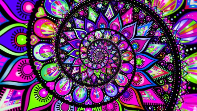 Seamless animation of a colorful mandala pattern swirl. Geometric graphic spiral with a psychedelic look.