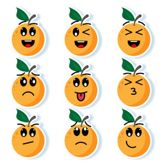 Stickers with Oranges with kawaii eyes. Flat design vector illustration of oranges on white background