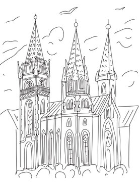 Cathedral castle palace historical building architecture coloring line graphic hand drawn background, building with high windows towers spiers and doors. black and white lines