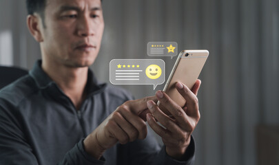 A man hand using smartphone typing Live chat chatting and social network concepts, chatting conversation working at home in chat box icons pop up. Social media marketing technology concept.