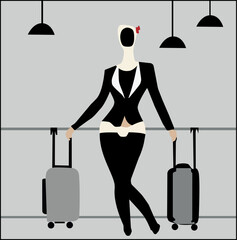 vector drawing of a girl in a travel suit with suitcases at the airport