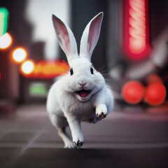 Cheerful gambling white rabbit running on street road Generative AI