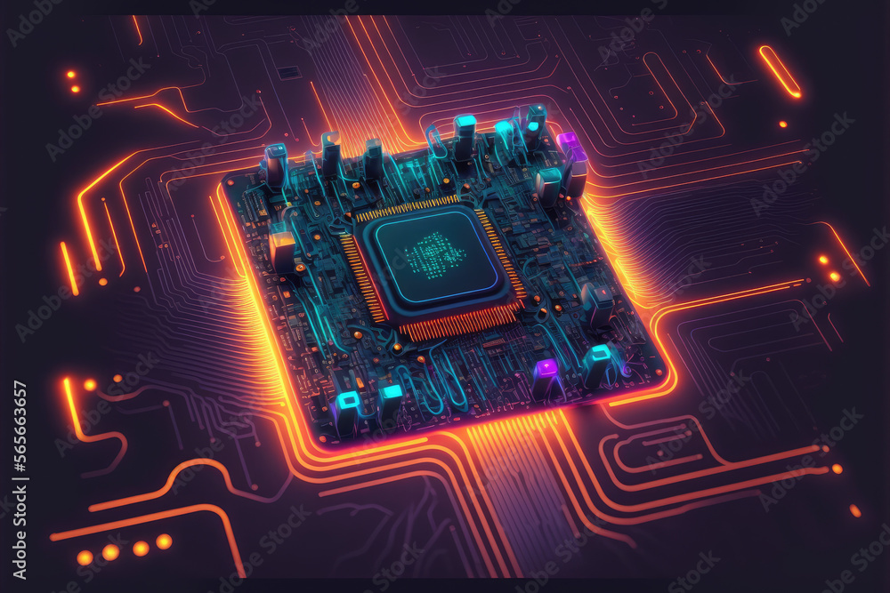Aufkleber computer microchip semiconductor on motherboard futuristic cyber neon lighting. peculiar ai generati