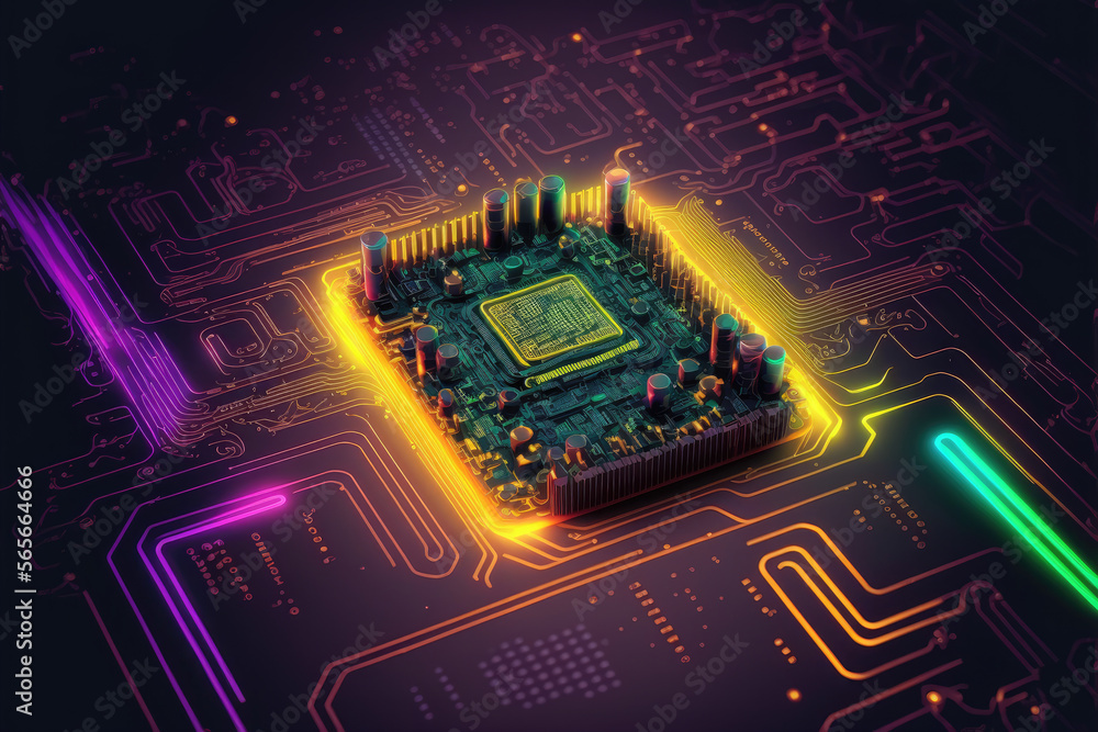 Poster computer microchip semiconductor on motherboard futuristic cyber neon lighting. peculiar ai generati