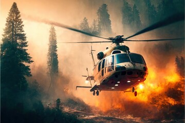 Fototapeta na wymiar helicopter flies over forest fire created with Generative AI technology