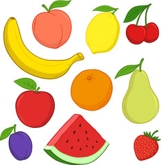 Set of ripe fruits in bright colors. Cartoon style.