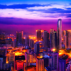 Fototapeta na wymiar AI illustration Art magical Mysterious distant cityscape glowing orange roofs purple blue sky