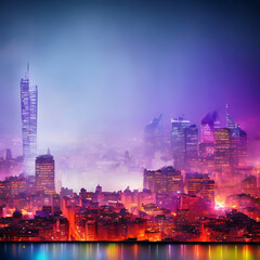 AI illustration Art magical Mysterious distant cityscape misty light blue sky glowing red city