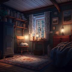 Little cozy bad room in sunset warm and comfortable generated with AI