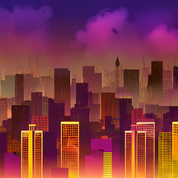 AI illustration Art magical Mysterious distant cityscape bright yellow skyscrapers purple sky