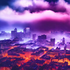 AI illustration Art magical Mysterious distant cityscape thick white purple clouds glowing red