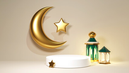 3d render scene with Ramadan Kareen product stand and podium. Golden Crescent with stars on muslim background. Beige wall with green lantern and soft light banner