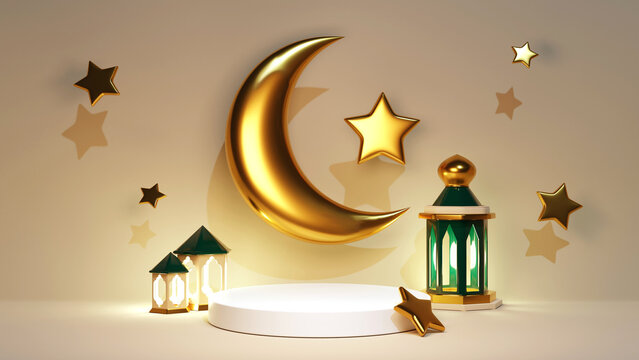 3d render white podium for Ramadan Kareem celebration banner. Islamic jewelry stand with arabic decoration. Green mosque near lantern and golden crescent