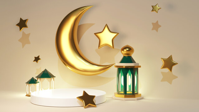 Turkish advertising mockup with golden crescent and stars. Green mosque and lantern near product display podium. Jewelry stand template