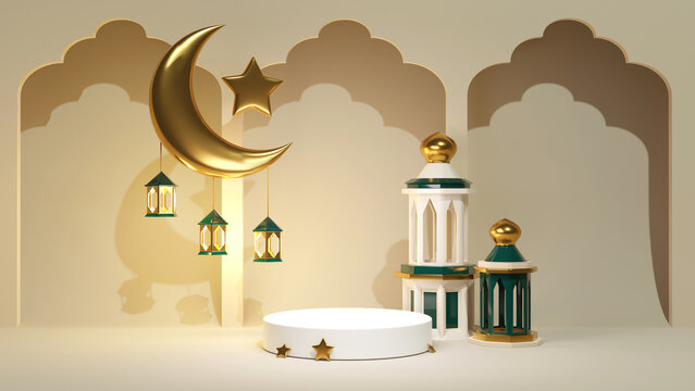 3d render Ramadan Kareem celebration background for advertising banner. Jewelry stand with islamic golden crescent and star with arc. Arabic decoration and mosque near product display pedestal