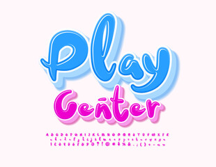 Vector funny Emblem Play Center. Bright Pink 3D Font. Playful style Alphabet Letters, Numbers and Symbols