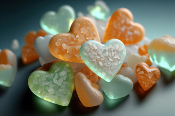 Obraz premium Heart shaped candies. Orange and turquoise sweets. AI Generative