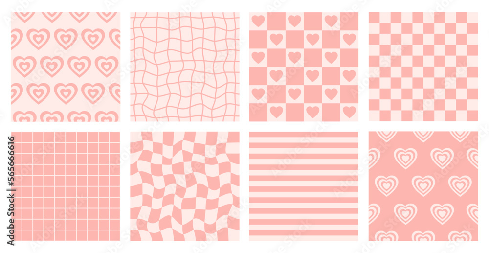 Aufkleber Groovy set simple monochrome seamless patterns in retro 60s, 70s psychedelic style. Romantic vector illustration. Pastel colors