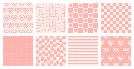 Groovy set simple monochrome seamless patterns in retro 60s, 70s psychedelic style. Romantic vector illustration. Pastel colors