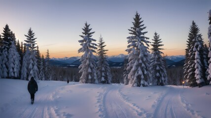 Fototapeta na wymiar beautiful stunning landscape, snowy winter wonderland, distant breathtaking lands, quiet vacation spot in the snowy mountains