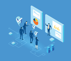 Successful business people analysing  growth charts. Isometric protection illustration