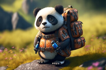 Cute panda wearing an adventure backpack	
