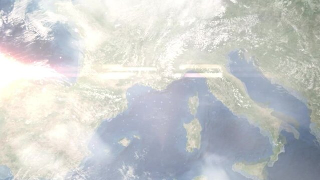 Earth zoom in from outer space to city. Zooming on Hyeres, France. The animation continues by zoom out through clouds and atmosphere into space. Images from NASA