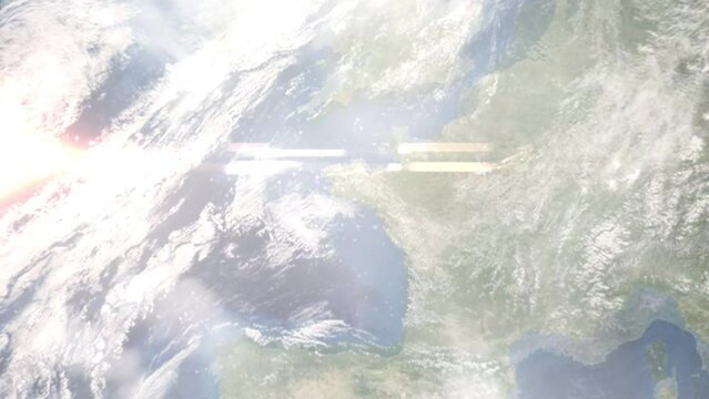 Earth zoom in from outer space to city. Zooming on Lorient, France. The animation continues by zoom out through clouds and atmosphere into space. Images from NASA