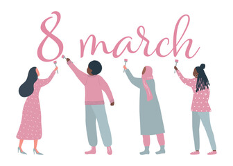 Diverse group of women are painting text 8 March. International Women's Day concept. Women silhouettes of different races. Vector illustration