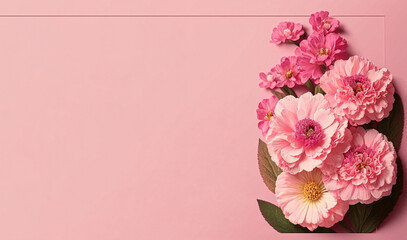 Pink flowers. March 8, birthday or valentine's day background card. Floral banner with copy space. Zinnia flower and carnation bouquet. Spring concept. Generative AI