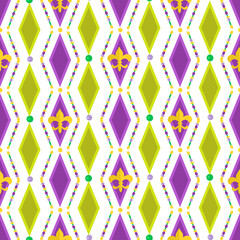 Mardi Gras green purple rhombus and beads seamless background. Masquerade holiday party pattern 