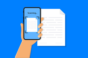 Scanning document paper file. Scan document. Scanning document isometric. Document scanner smartphone interface vector template. Vector illustration