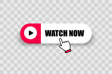 Watch now button with cursor icon. Video play icon isolated on transparent background. Watch now button for web site, ui, media player, banner and app template