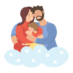 Obraz premium Warm tender family hugs. Parents and baby. Friendly happy emotions. Hugging couple with kid. 