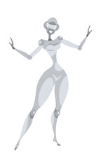 Silver metallic female robot. Artificial intelligence. Cyborg girls figure. 