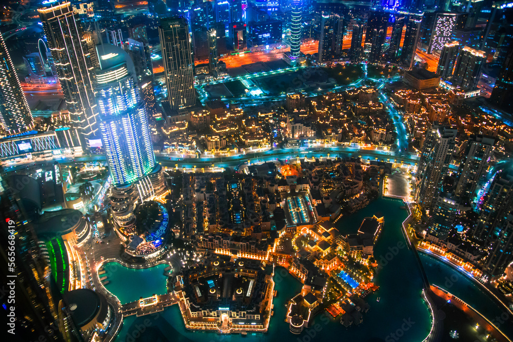 Canvas Prints Dubai, UAE. Dubai city at night, view with lit up skyscrapers and roads.