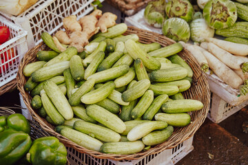 Fresh vegetables on display in a traditional market
