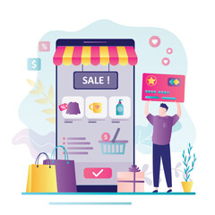 Customer man uses smartphone and chooses various things in online store. Credit card payment. E-shop offers different goods, sales, discounts. E-commerce, app for shopping on mobile screen.