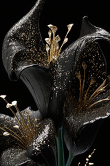 Black lilies. Abstract dark floral design for prints, postcards or wallpaper. AI 