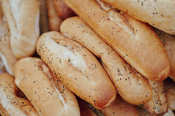 Baguettes on display at the market