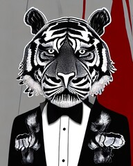 a 3d tiger with tuxedo suit and bow tie created with Generative AI technology