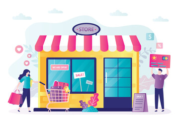 Shop building. Entrance to the supermarket or store. Client hold credit card for payment. Shopping process. Storefront, facade of store. Commercial real estate. Shop exterior.