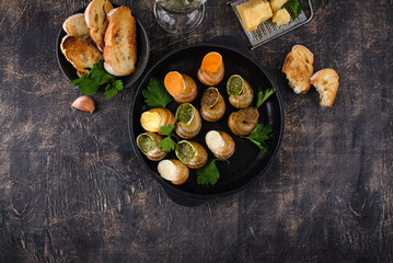 Baked snails Escargot with bread
