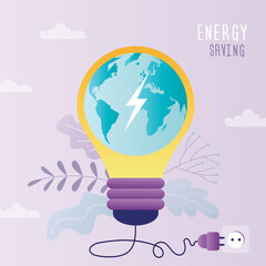 Saving energy, concept motivational banner. Turning off electricity, switch off electrical appliances and lights. Big light bulb with planet inside. Ecology problems, environmental protection.