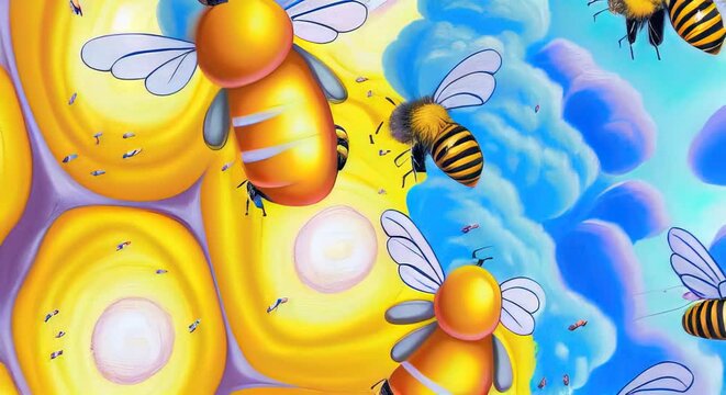 honey bees zooming with honey and blue clouds in the sky 2D illustrated animation insect