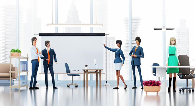 Group of business people talking together and sharing ideas whilst standing in an office. 3D rendering illustration