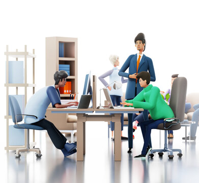 Two young specialists are working with laptops in office. 3D rendering illustration