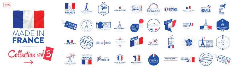 Collection of badge logotype of Made in France with ribbon and flag on white background, For art template design, page, mockup brochure style, banner, idea, cover, booklet, print, flyer, book, card